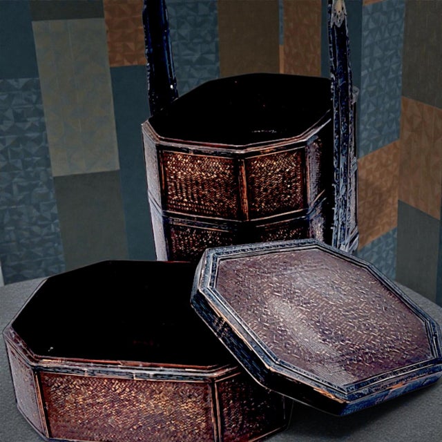 1950's 3 Tiered Octagonal Brass Handled Chinese Wedding Basket For Sale - Image 4 of 18