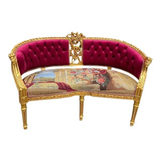 1990's French Louis XVI Corbeille Settee in Gold Finished Beech and Red Velvet For Sale