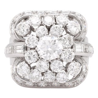 1950s Mid Century 6.5 Carat Total Weight Diamond Platinum Cocktail Ring, Size 8 For Sale