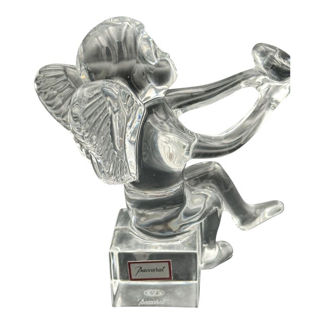 Baccarat Crystal Cherub Figurine on Block Base – Signed – Angel With Trumpet (4.5") For Sale