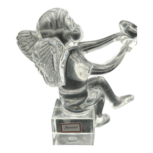 Baccarat Crystal Cherub Figurine on Block Base – Signed – Angel With Trumpet (4.5")