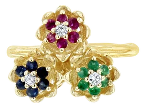 Sapphire, Emerald, Ruby Tulip Flower Ring 14k Yellow Gold, Size 3