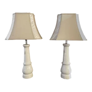 Early 20th Century White Porcelain Leg Table Lamps with Shades - A Pair