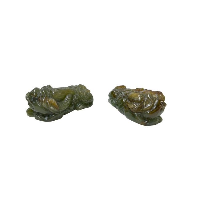 Pair Natural Jade Stone Green Brown Pixiu Fengshui Fortune Pendants Figures For Sale - Image 4 of 9