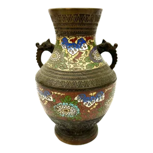 Antique Bronze Champleve Japanese Vase or Urn With Dragon Handles