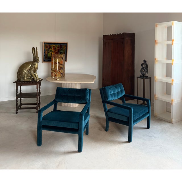 Pair Re-Upholstered Emerald Green Velvet Parsons Lounge Chairs Milo Baughman For Sale - Image 12 of 18
