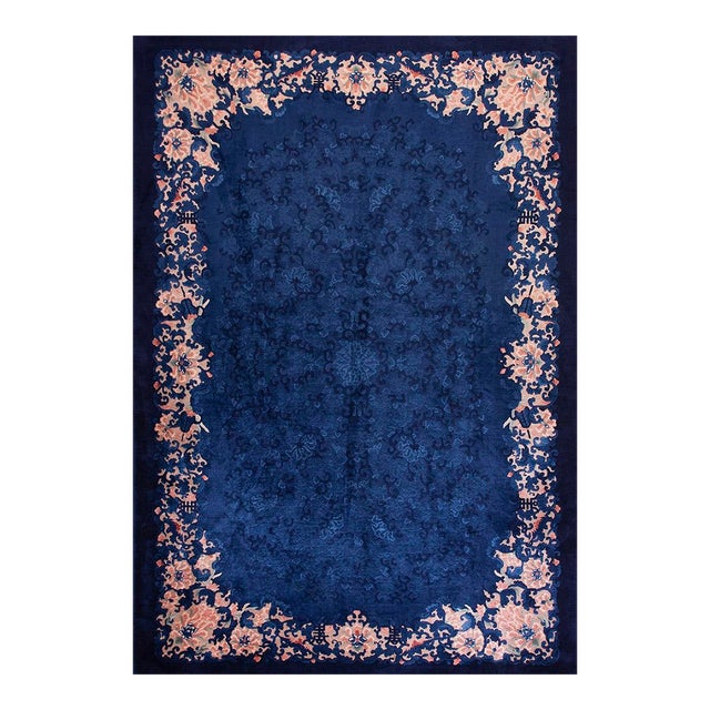 1920s Traditional Floral Antique Chinese Peking Wool Blue Hand Knotted Rug For Sale