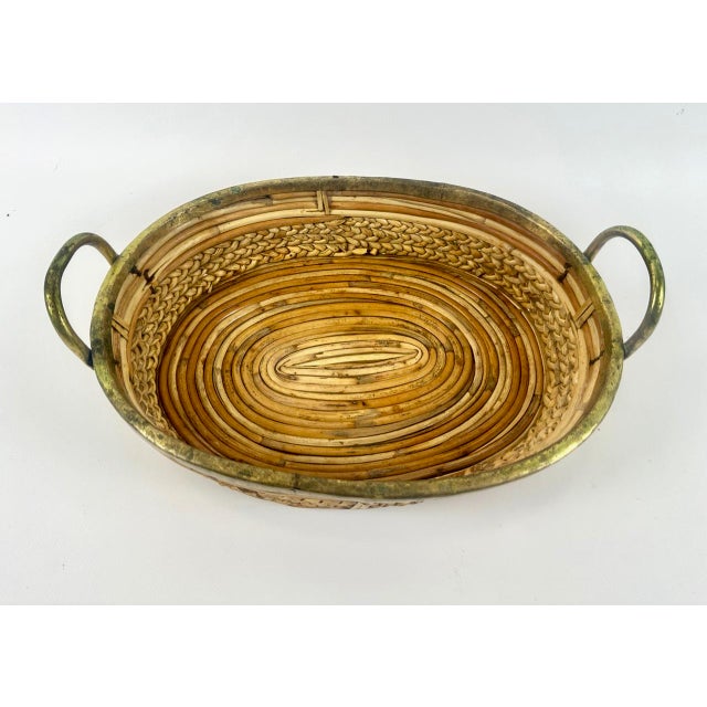 Italian Rattan and Brass Basket Bowl Centerpiece, 1960s For Sale - Image 4 of 8