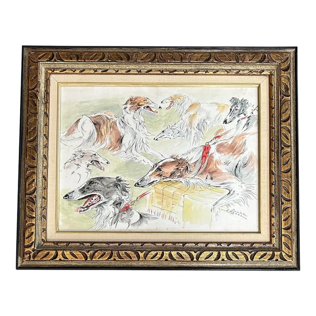 1950’s Original Paulette Lagosse Bozoi Dog Ink Drawing/ Watercolor Painting in Vintage Frame For Sale