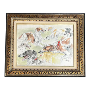 1950’s Original Paulette Lagosse Bozoi Dog Ink Drawing/ Watercolor Painting in Vintage Frame