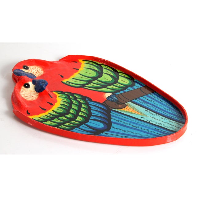 Fabulous & super colorful vintage c.1970's papier mache bar tray in the form of a pair of bright parrots! Makes a lovely...