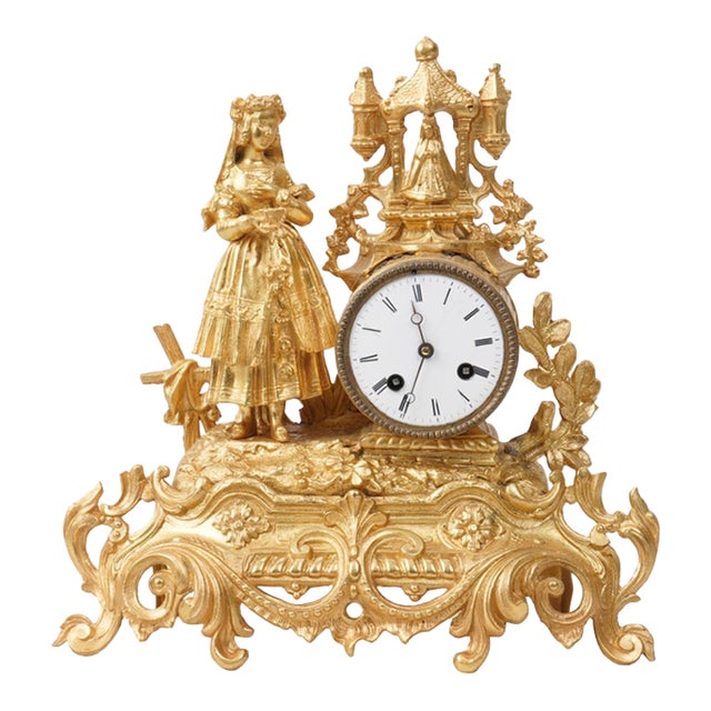 Antique 19th-Century French Gilt Metal Figural Mantel Clock (Circa 1880s) For Sale