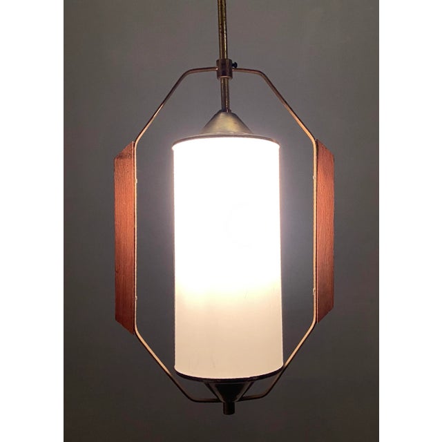 Stilnovo Opaline Glass light Pendant Bronze fittings Wooden veneer decor on either side Height including rod and canopy 72...
