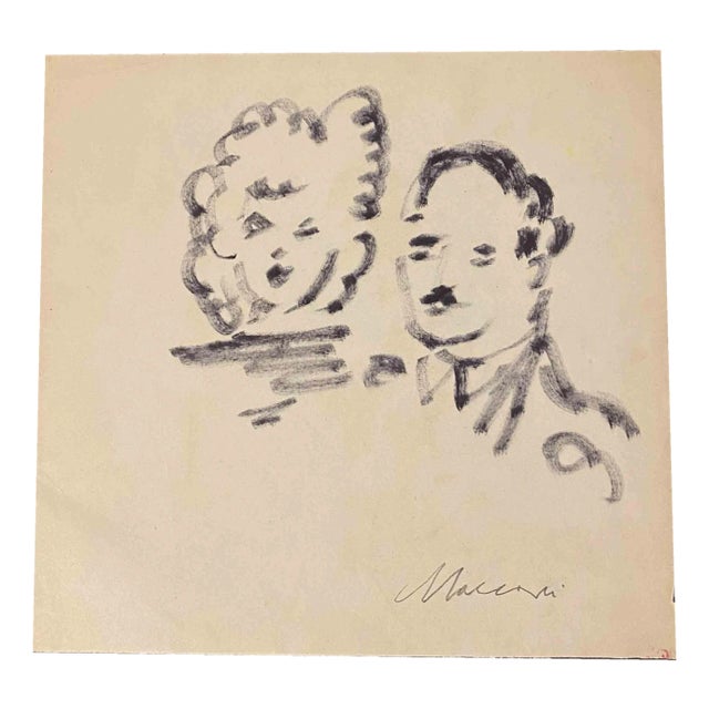 Mino Maccari, The Couple, Watercolor on Paper, Mid-20th Century For Sale