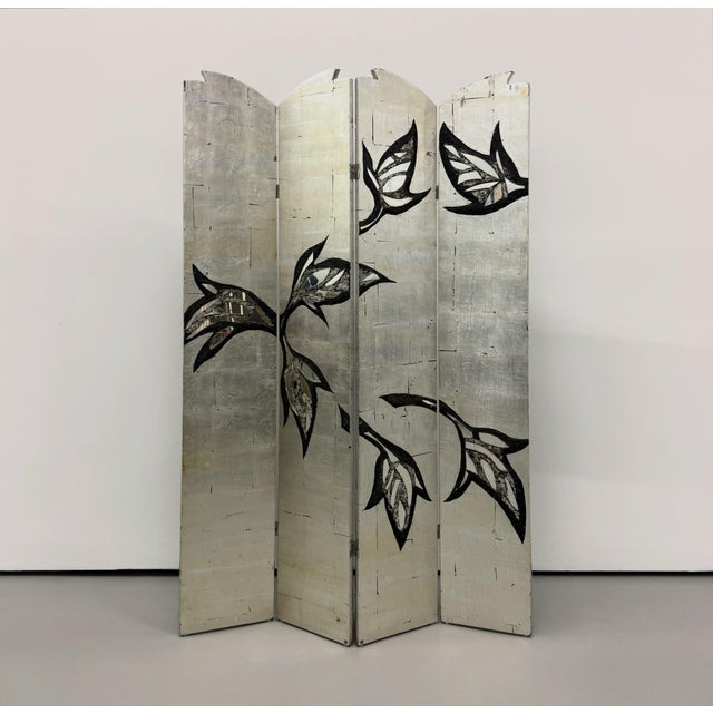 Vintage Midcentury Silver Leaf Botanical Folding Screen With Mirrored Inlays For Sale In West Palm - Image 6 of 7