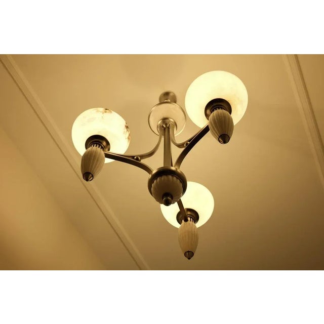 Art Deco 3-Arm Chandelier with Alabaster Bowls and Illuminated Cones, 1990s For Sale - Image 6 of 7