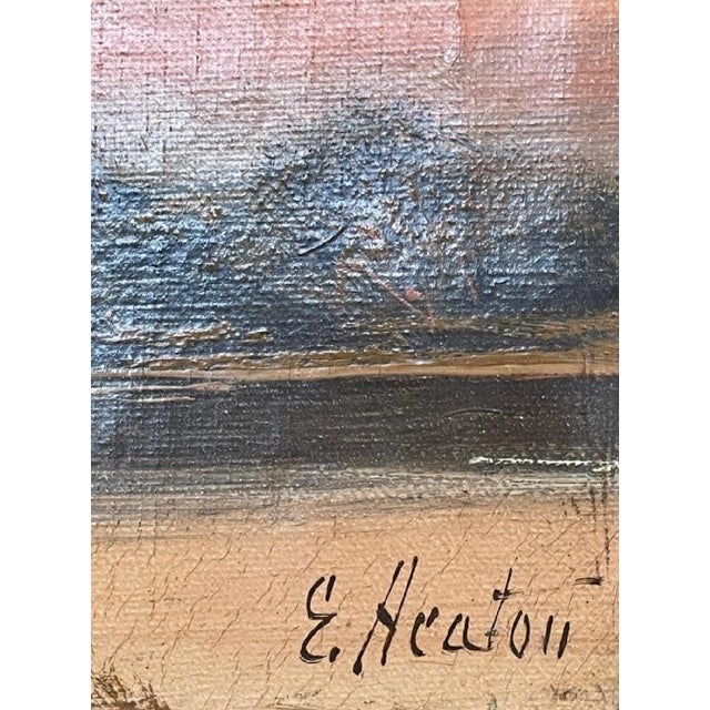 Vintage Signed E. Heaton Oil Painting Landscape Sunset Cottage River For Sale - Image 4 of 5