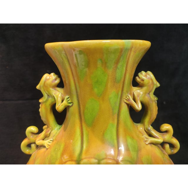 Chinese Ceramic Vase Ming Dynasty Hongzhi Marked Yellow Glaze Porcelain Vase Hand Carved Double Dragon Ears For Sale - Image 4 of 11
