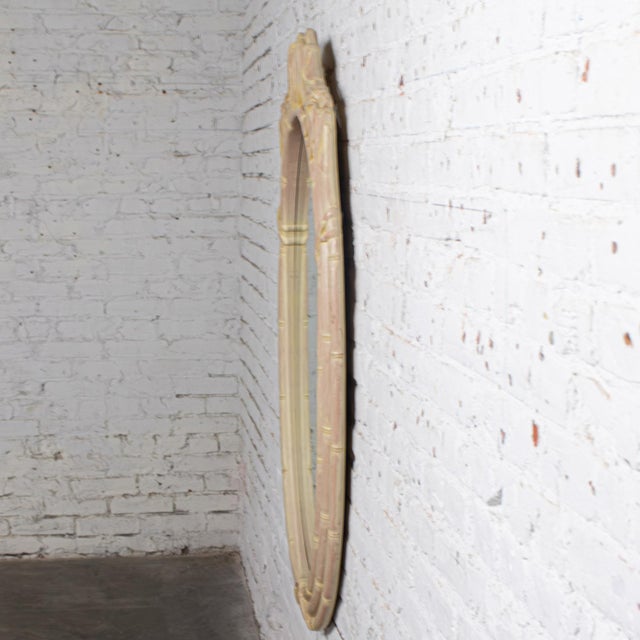 Hollywood Regency Late 20th Century Coastal or Hollywood Regency Style Oval Wall Mirror Faux Bamboo Resin Ceruse Finish For Sale - Image 3 of 18