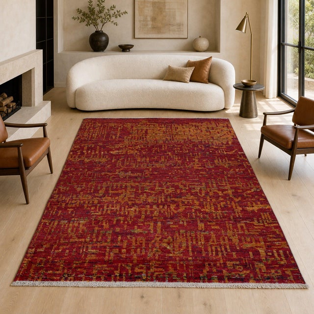 8x10 Sari Red Anand Abstract Modern Hand Knotted Silk Carpet Rug For Sale In New York - Image 6 of 6