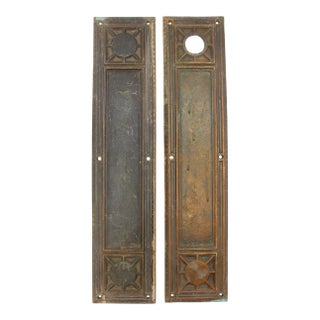 Pair of 17.75 In. Gothic Bronze Door Push Plates For Sale