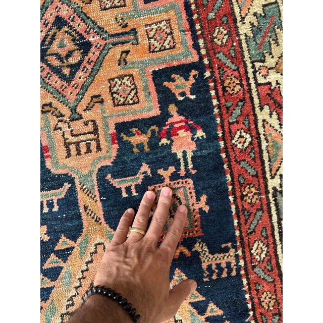 Village Life Antique Runner Indigo, Apricot, Sage, Women, Birds, Guard Dogs Rug 2.10 x 10.9 For Sale In Milwaukee - Image 6 of 12