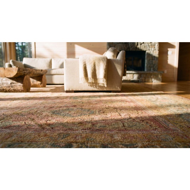 1900s Orange Peach Floral Geometric Antique Turkish Oushak Rug 17' 6" X 18' Knotted Pile Wool Carpet For Sale - Image 13 of 14