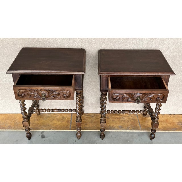 1920s 20th Century Pair of Solid Carved French Nightstands With Turned Columns For Sale - Image 5 of 13