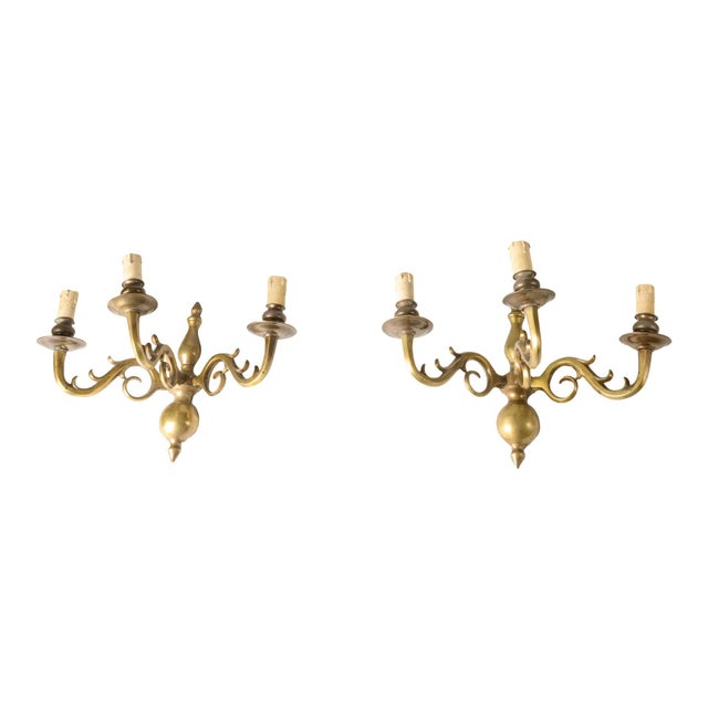 1950s Italian Brass 3-Light Wall Lamps, 1950s, Set of 2 For Sale - Image 5 of 5