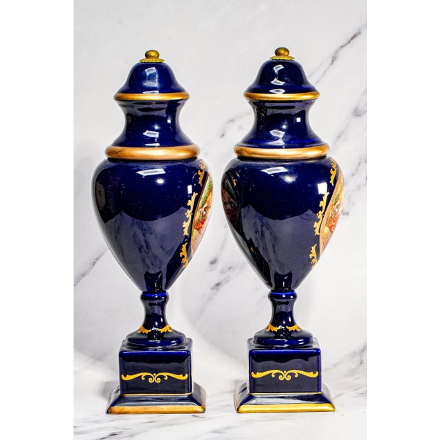 Ornate Decorative Pair Antique Italian Blue and Gold Hand Painted Urns Classical Scenes Mythology Home Decor For Sale - Image 12 of 18