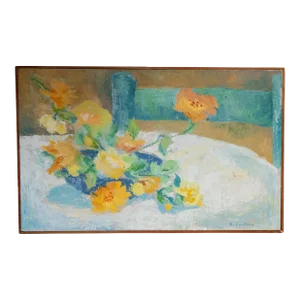 Mid-Century Modern Impressionist Abstract Still Life Painting of Flowers, Signed