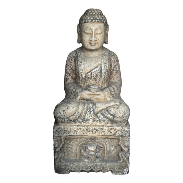 Chinese Distressed Brown Gray Stone Sitting Meditation Buddha Statue For Sale