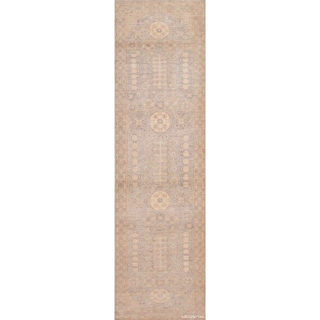 Nazmiyal Collection Light Neutral Grey Khotan Pomegranate Design Modern Runner Rug For Sale