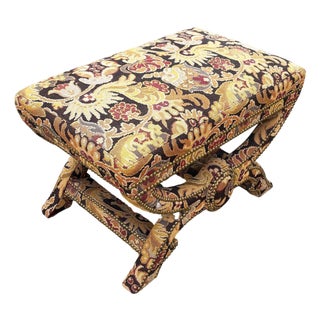 1970s Bespoke Tapestry Upholstery X Bases Studded Nailhead Bench by Billy Baldwin For Sale