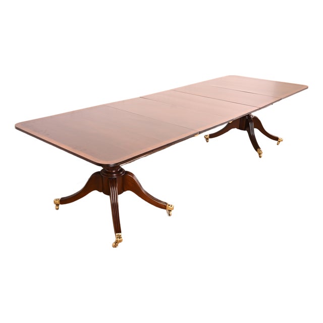Baker Furniture Style Georgian Banded Mahogany Double Pedestal Extension Dining Table, Newly Refinished For Sale