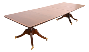 Baker Furniture Style Georgian Banded Mahogany Double Pedestal Extension Dining Table, Newly Refinished
