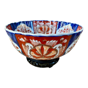 Antique Imari Hand-Painted Serving Bowl on Wood Base