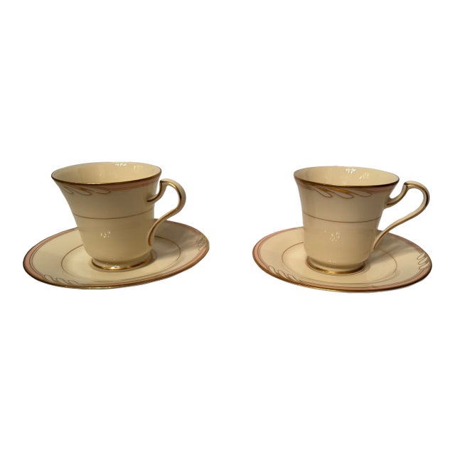 1980s Oscar De La Renta “Hospitality Peach” Ivory Demitasse Cups & Saucers – Set of 2 For Sale