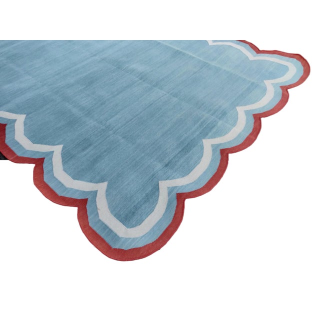 Handmade Cotton Area Rug Natural Vegetable Dyed Flat Weave Sky Blue Scalloped Rug Terracotta Border - 12'x15' For Sale - Image 6 of 11