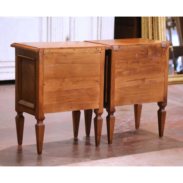 Pair of 20th C. Louis XVI Style Inlaid Walnut Nightstands With Parquetry Detail For Sale - Image 9 of 11