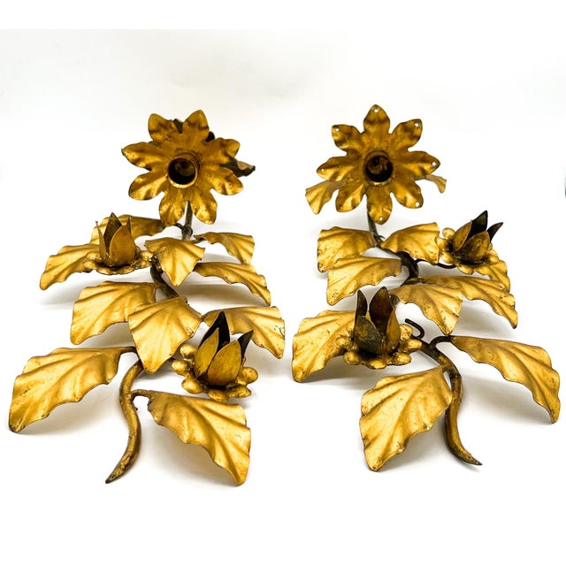 Mid 20th Century Mid-Century Italian Gilt Metal Floral Wall Sconces, Pair – Hollywood Regency / Italian Florentine For Sale - Image 5 of 11