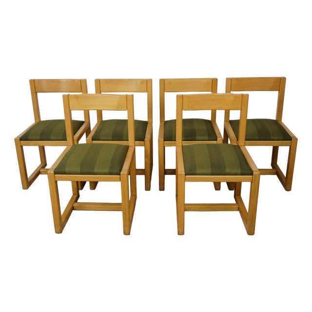 Wood and Fabric Dining Chairs, 1960s, Set of 6 For Sale
