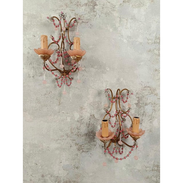 Gold Gilded Sconces with Peachy Pink Opaline Cups, Crystal Beaded and Murano Drops, 1950s, Set of 2 For Sale - Image 8 of 18