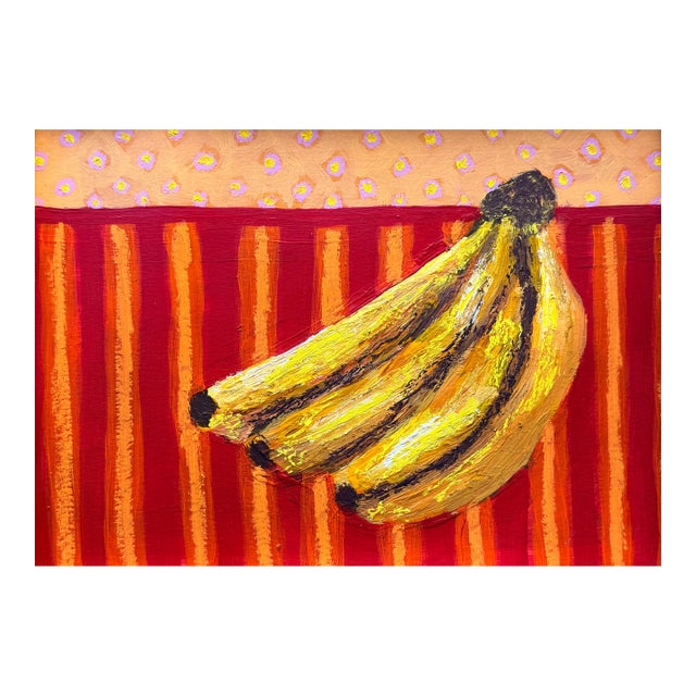 Banana Still Life Painting on Paper, Colorful Modern Folk Art, 9 X 12 Original Acrylic and Oil Pastel Artwork For Sale