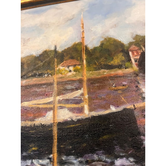 1970s Charming Oil Painting: Maritime Harbor Scene With Sailboats, on Canvas and Framed - Signed For Sale In Washington DC - Image 6 of 12