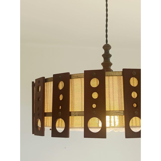 Metal Scandinavian Teak and Fabric Pendant Light, 1960 For Sale - Image 7 of 11