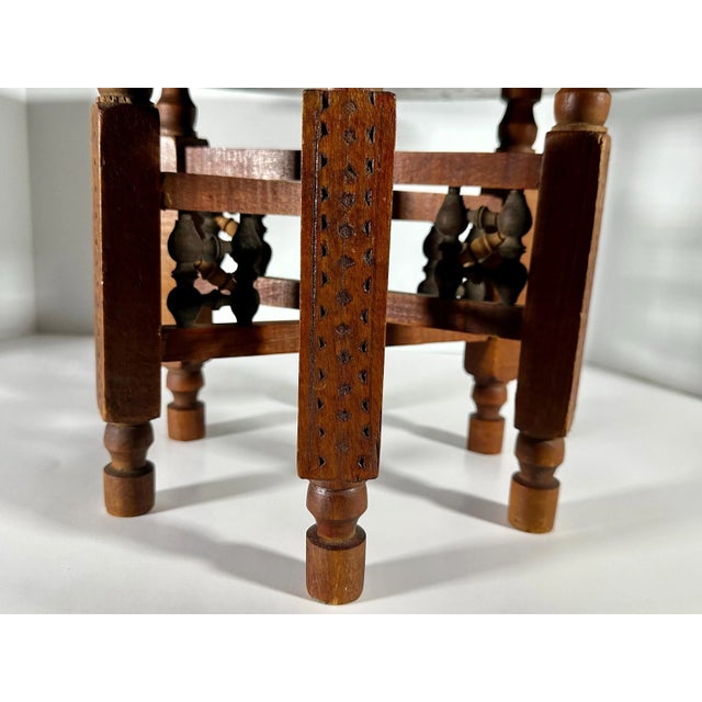 Moroccan Copper Tray Table: Hand-Etched Floral Design, Folding Wood Base For Sale - Image 4 of 10