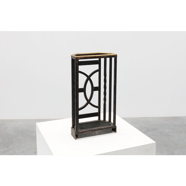 Black Art Deco Metal Umbrella Stand with Geometric Openwork and Brass Rim, Belgium, 1920s For Sale - Image 8 of 16