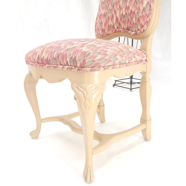Baker Furniture Company Set 6 Tall Back Thick Cream Lacquer Carved French Dining Chairs Stretchers For Sale - Image 4 of 8