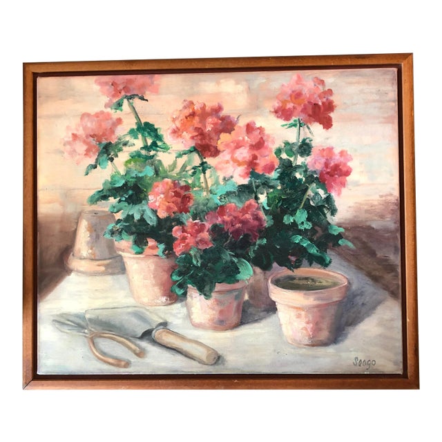 Vintage Original Still Life Painting With Geraniums Signed For Sale